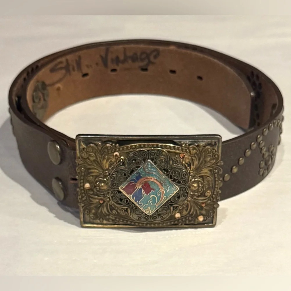 Floral Studded Brown Leather Belt w/Filigree Enamel Belt Buckle Small